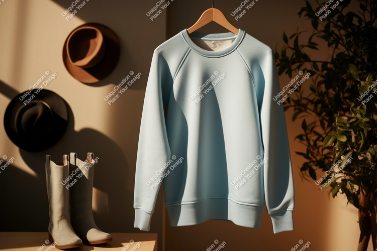 Light blue sweatshirt hanging with hats and boots mockup