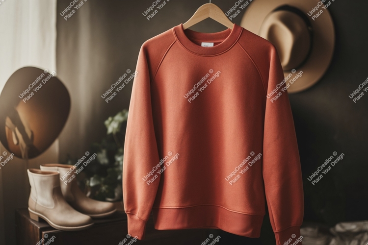 Orange sweatshirt hanging with boots and hat raglan