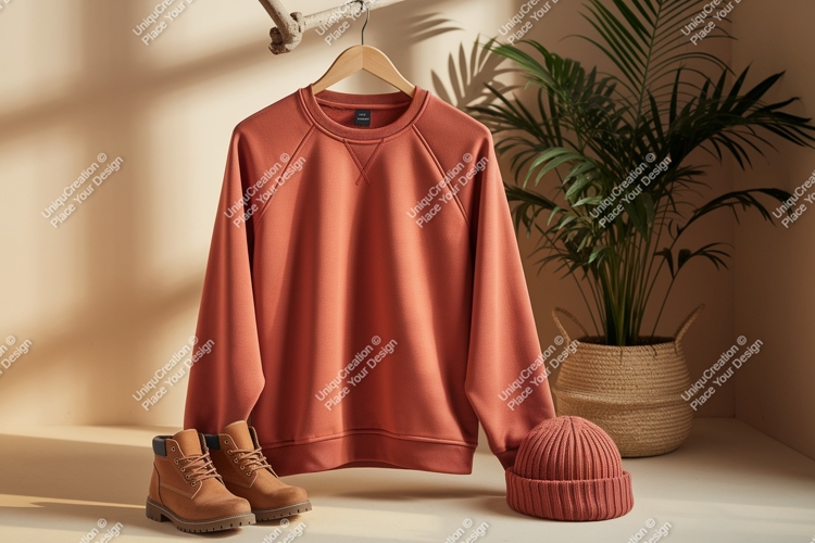 Terracotta sweatshirt with boots and hat