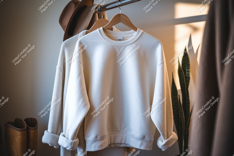 Creamy white sweatshirt hanging on rack clothing apparel