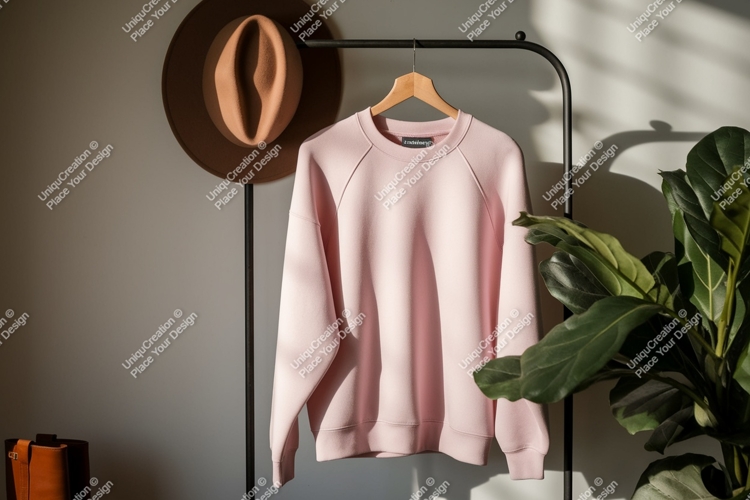 Pink sweatshirt hanging on rack with hat clothing