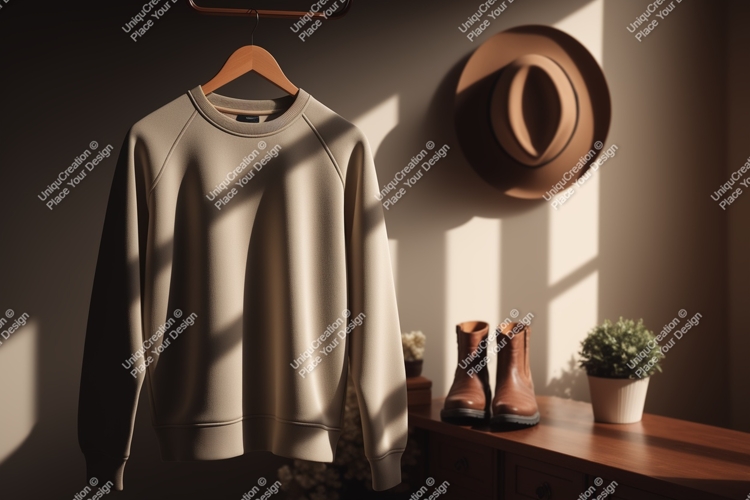 Beige sweatshirt hanging with hat boots plant wooden