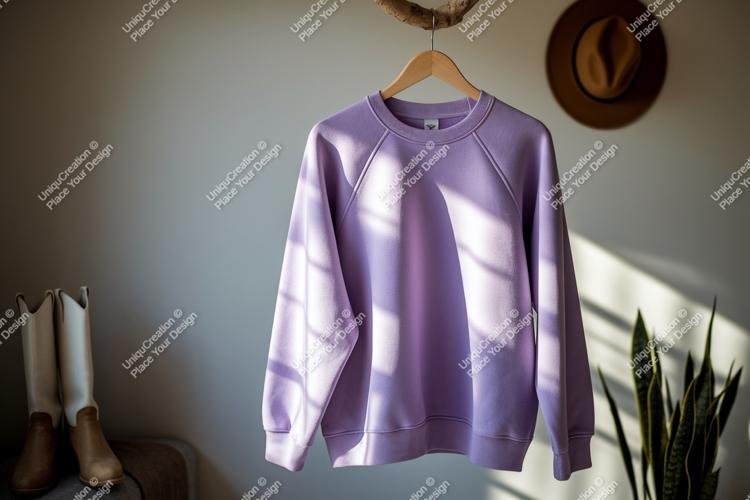 Lavender sweatshirt hanging on branch raglan sleeve