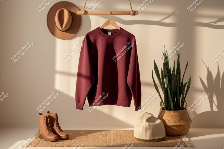 Maroon sweatshirt hanging with hat and boots image