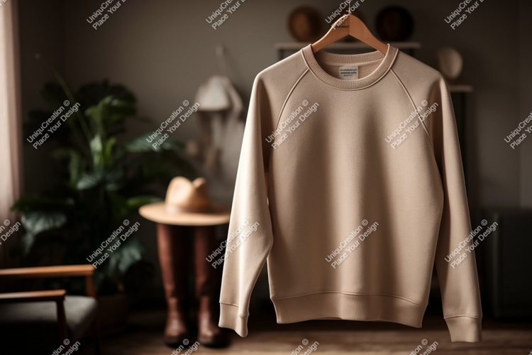 Beige sweatshirt hanging indoors clothing apparel