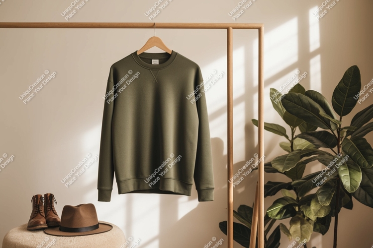 Olive green sweatshirt hanging on rack with boots and hat