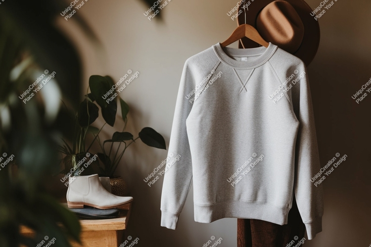 Gray sweatshirt hanging with hat and plant raglan crewneck