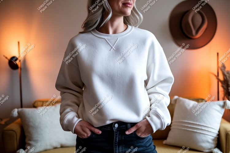 Woman wearing cream sweatshirt dark jeans image