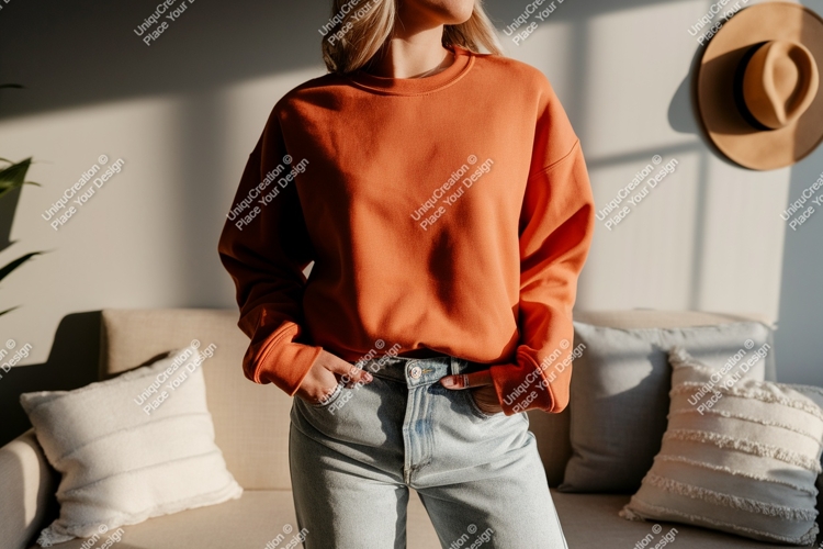 Orange sweatshirt light jeans casual wear image
