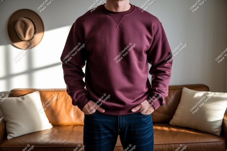 Maroon sweatshirt dark denim jeans couch