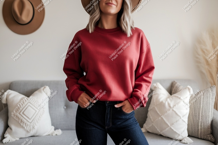 Crimson sweatshirt denim jeans hat mockup apparel