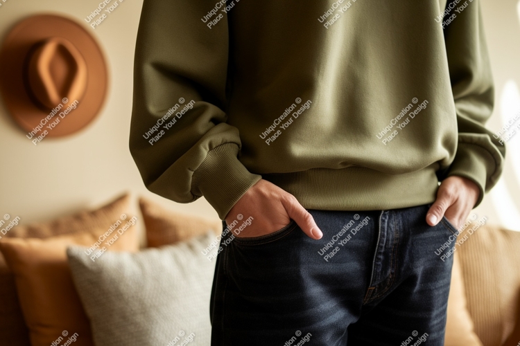 Olive green sweatshirt dark denim jeans image