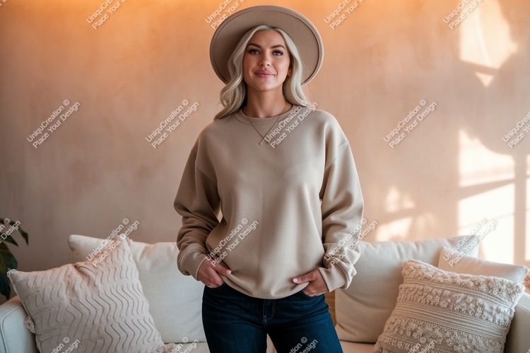Woman wearing beige sweatshirt and hat jeans