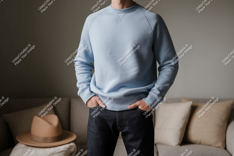 Light blue sweatshirt dark denim jeans image