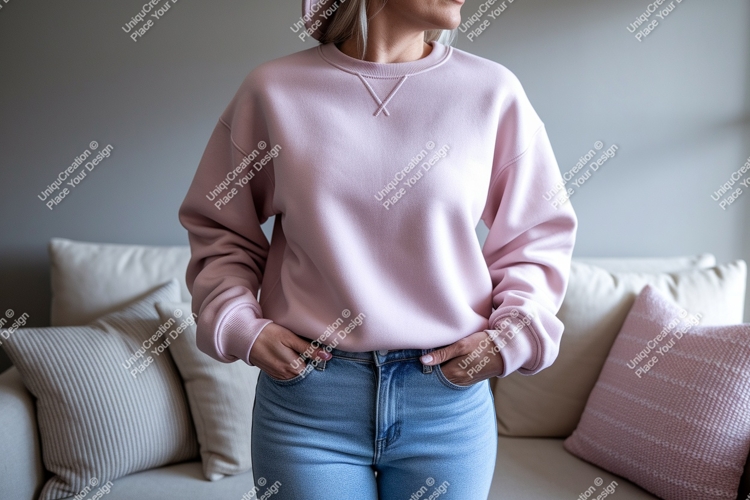 Pink sweatshirt light denim jeans mockup