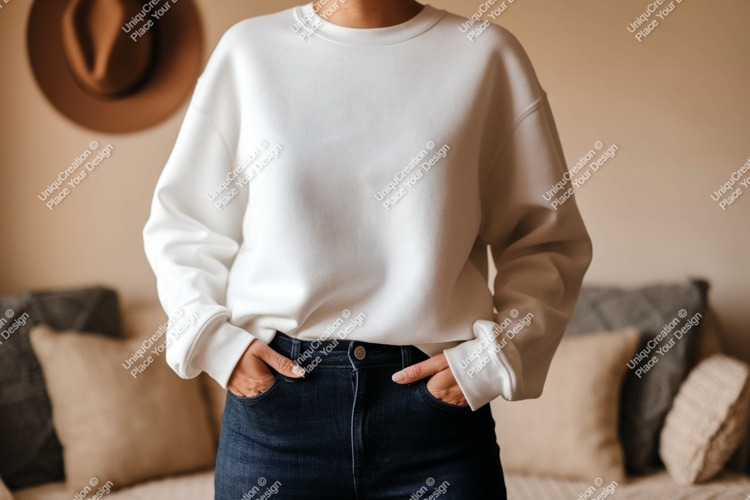 White sweatshirt dark denim mockup jeans