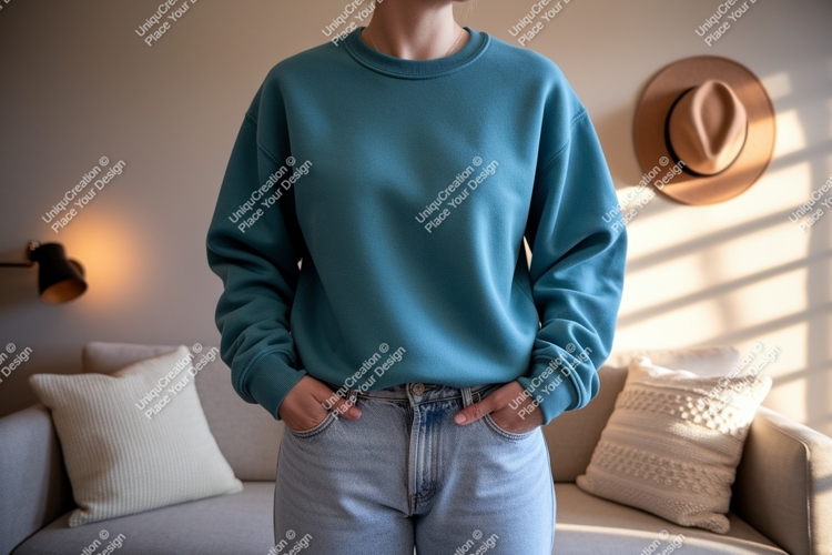 Teal sweatshirt denim jeans mockup image