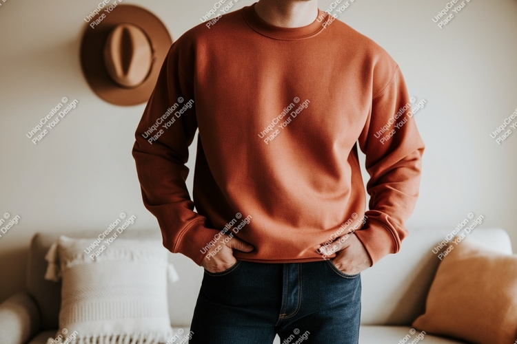 Terracotta sweatshirt casual pose denim