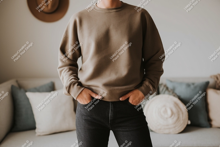 Person wearing brown sweatshirt and black jeans image example image 1