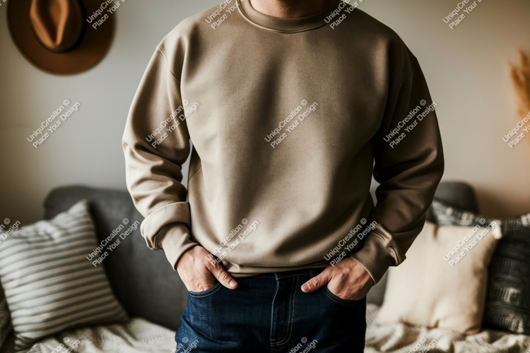 Man wearing tan crewneck sweatshirt blue jeans image example image 1