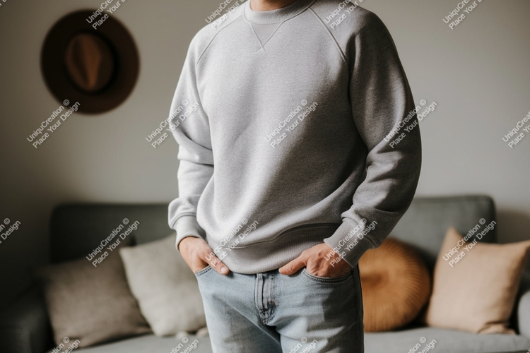 Gray sweatshirt light denim jeans casual