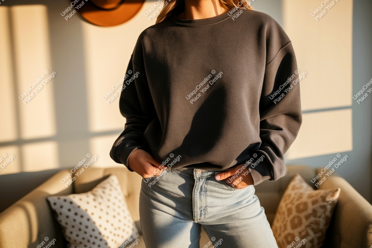Dark gray sweatshirt light blue jeans mockup clothing