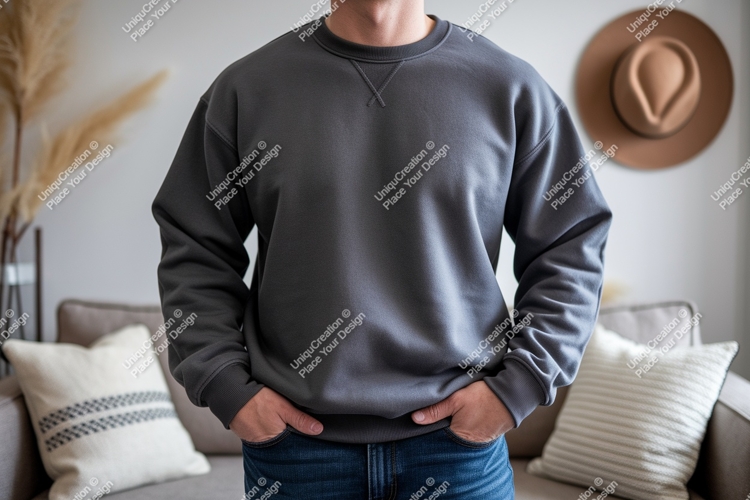 Dark gray sweatshirt blue jeans person