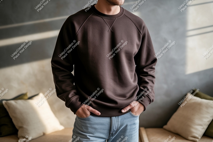 Brown raglan sweatshirt light wash denim mockup clothing