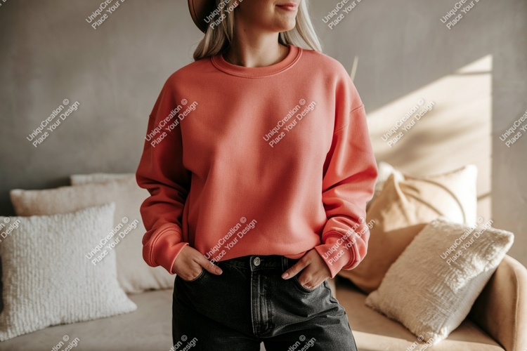 Coral sweatshirt casual pose woman