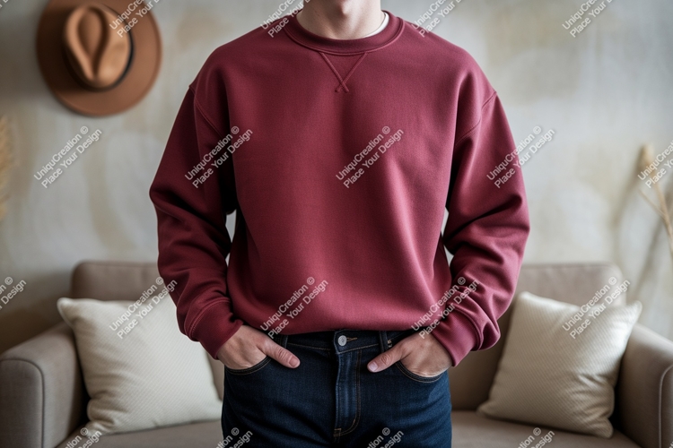 Maroon sweatshirt dark denim casual mockup