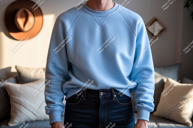 Light blue sweatshirt dark jeans denim casual