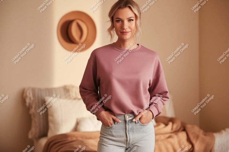 Woman wearing pink sweatshirt and jeans casual