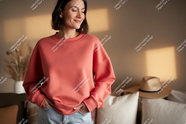 Coral sweatshirt light wash denim woman casual