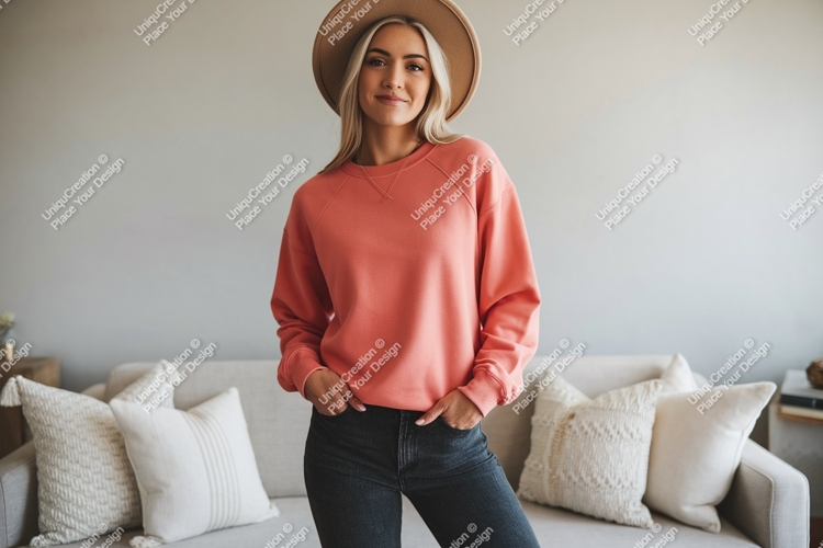Woman wearing coral sweatshirt and hat denim