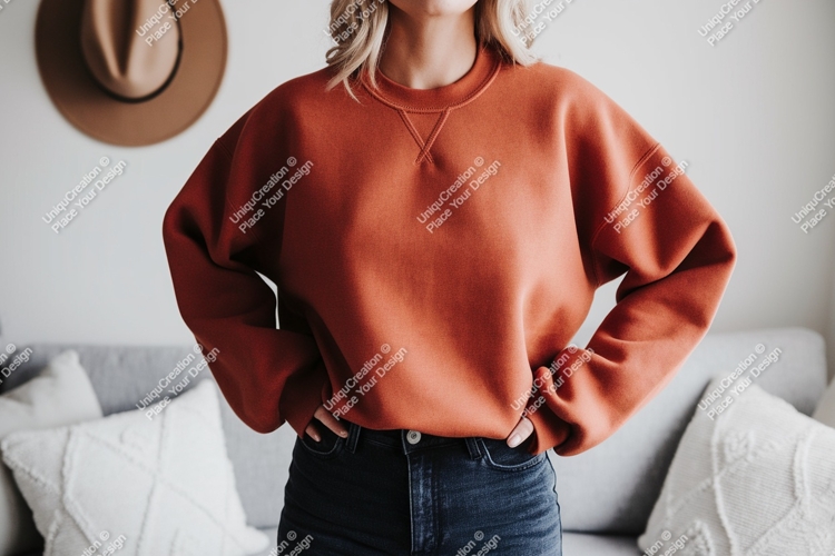 Woman wearing terracotta sweatshirt and denim jeans