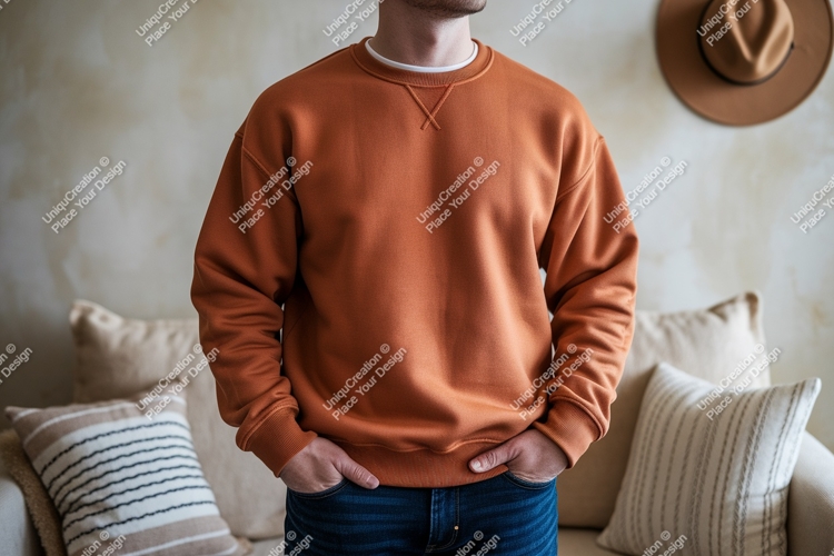 Man wearing orange sweatshirt casual clothing