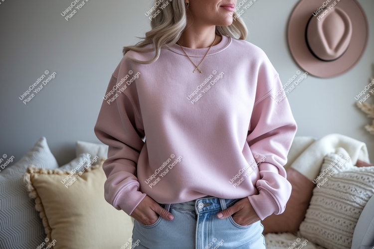 Pink sweatshirt light jeans casual outfit image