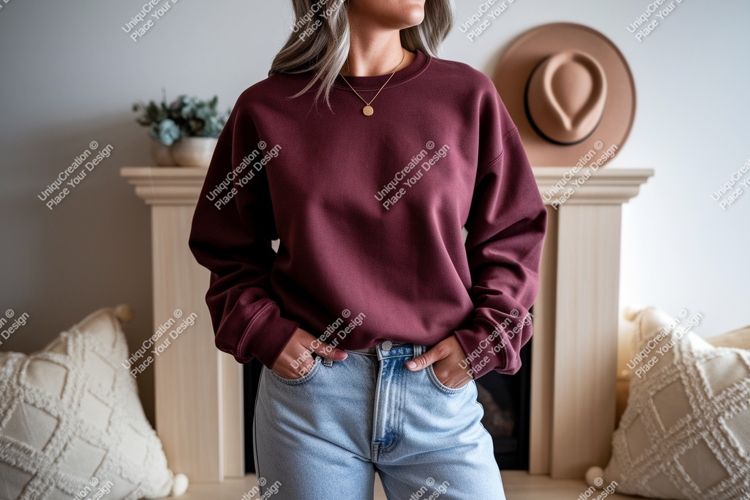 Maroon sweatshirt light denim jeans woman
