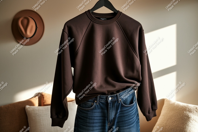 Brown sweatshirt denim jeans hat image