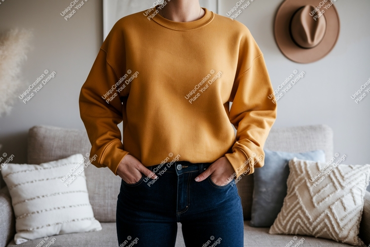Mustard yellow sweatshirt dark denim jeans Mockup