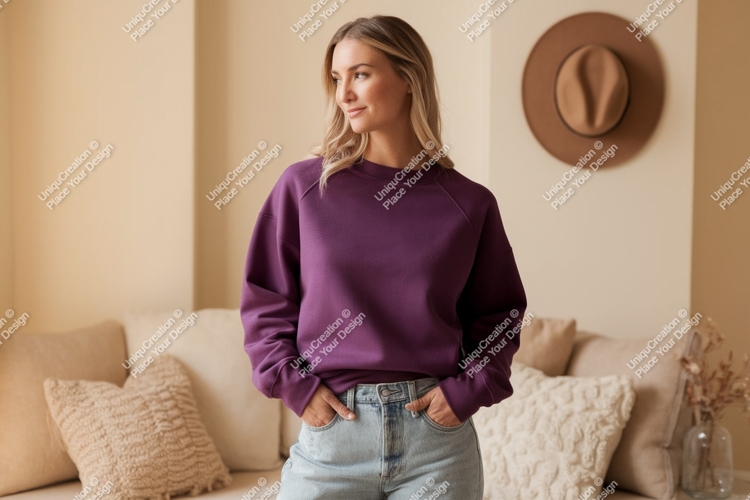Woman wearing purple sweatshirt and jeans casual