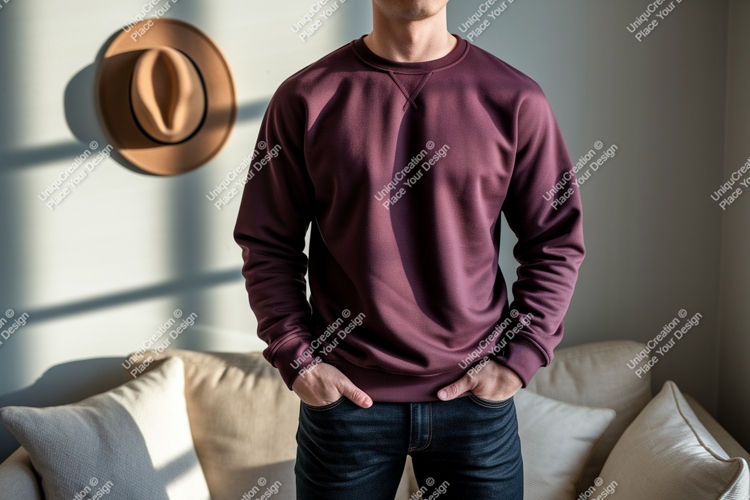 Maroon sweatshirt dark jeans hat image