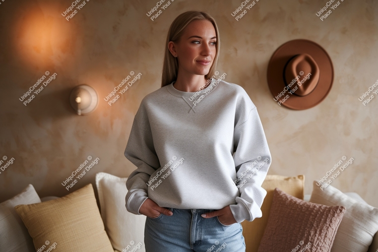 Blonde woman wearing grey sweatshirt jeans