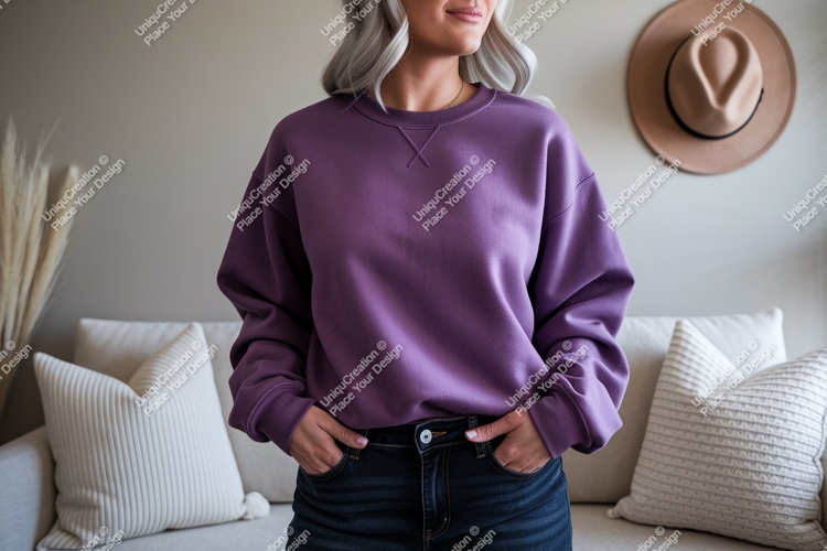 Purple sweatshirt denim jeans mockup image