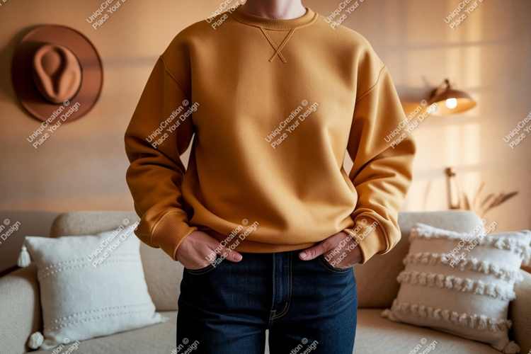 Mustard yellow sweatshirt dark denim jeans image