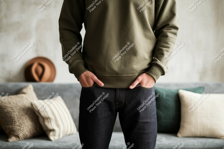 Olive hoodie dark jeans casual pose image