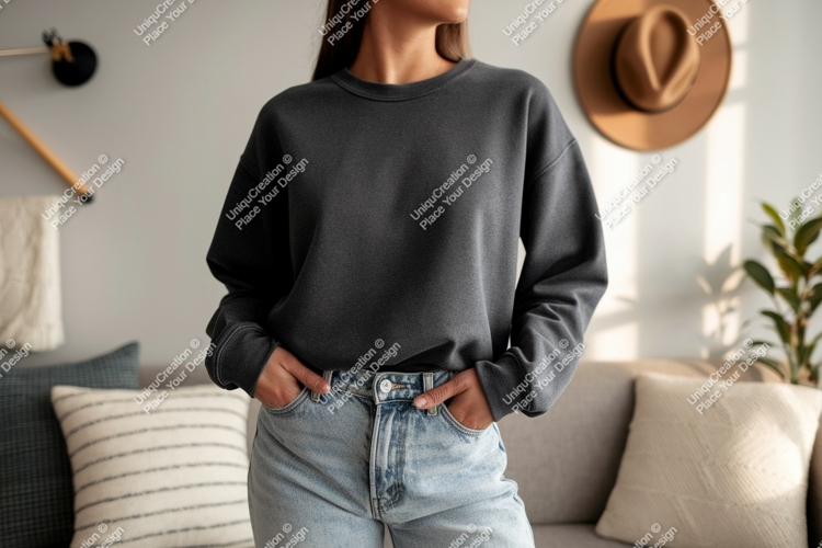 Dark grey crewneck sweatshirt light wash jeans mockup