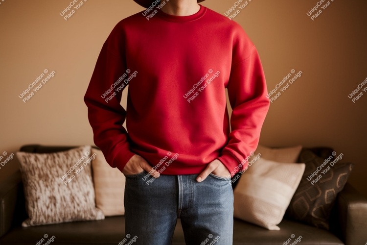 Person wearing red sweatshirt and jeans casual