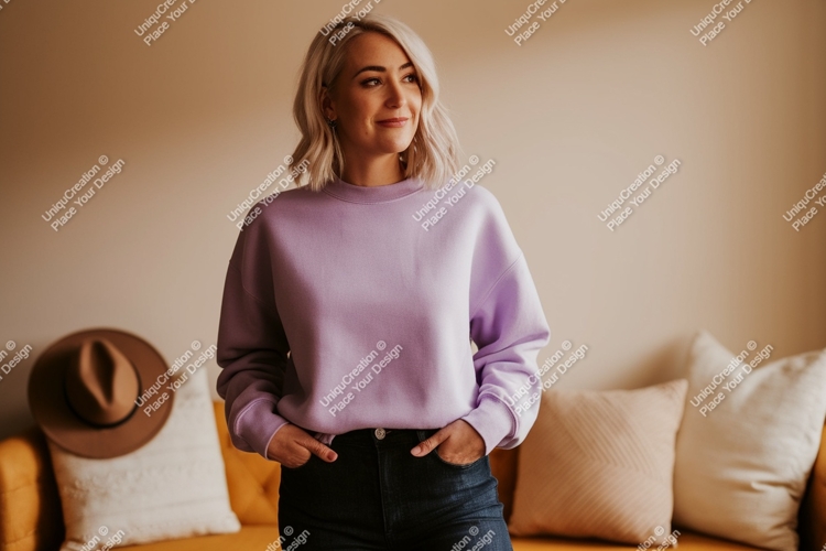 Woman wearing lavender sweatshirt casual indoors
