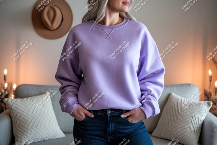 Woman wearing purple sweatshirt and blue jeans image